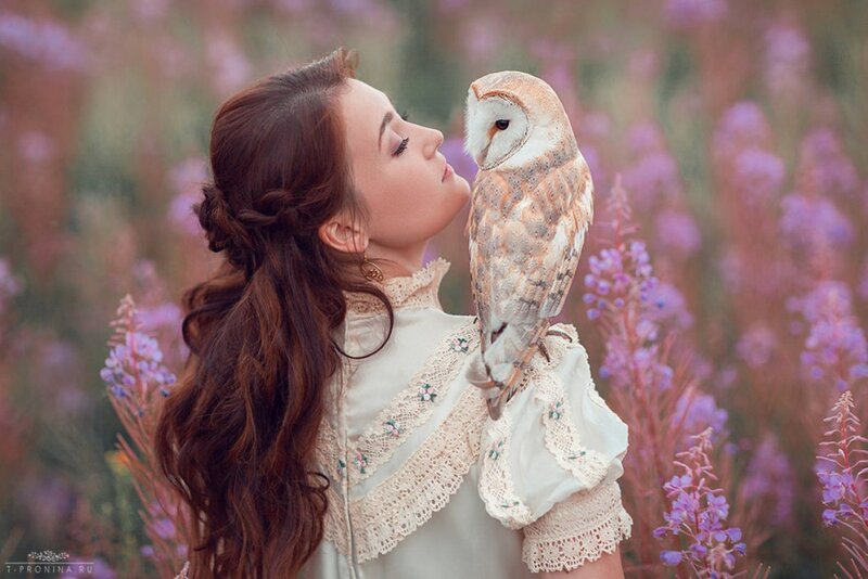 Woman with Owl on Arm — Purple