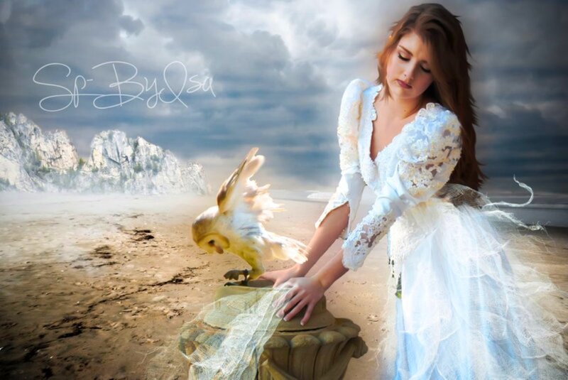 Woman with Owl on Beach