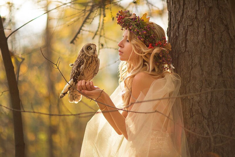 Woman with Owl on Hand — Gold