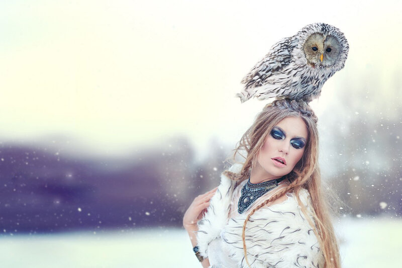 Woman with Owl on Head — White