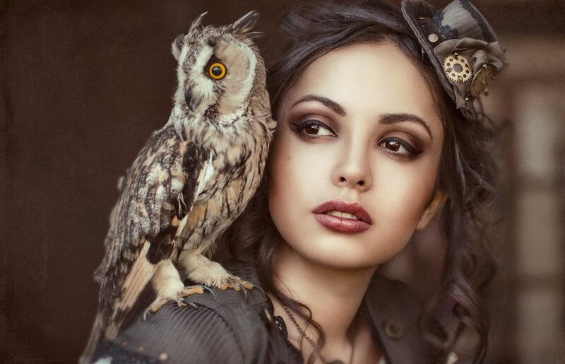 Woman with Owl on Shoulder — Brown, Dramatic