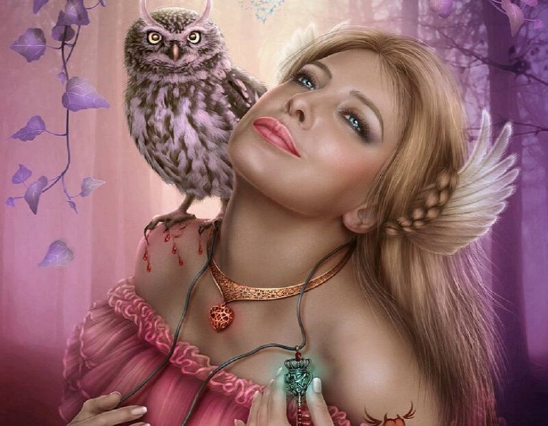Woman with Owl on Shoulder — Pink