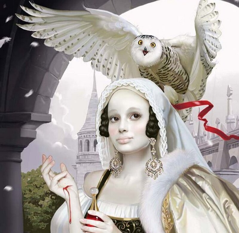 Woman with Owl — White, Dramatic