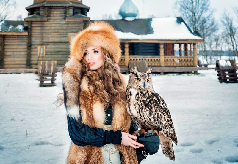 Woman with Owl — White, Dramatic, Winter