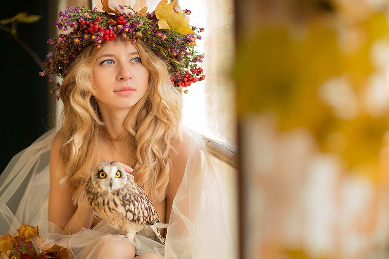 Woman with Owl — White, Serene, Autumn
