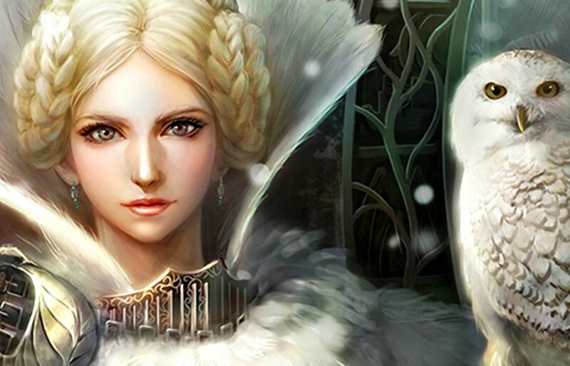 Woman with Owl — White, Serene