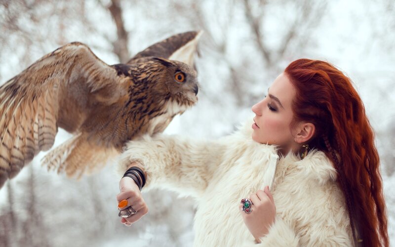 Woman with Owl — White, Serene, Winter