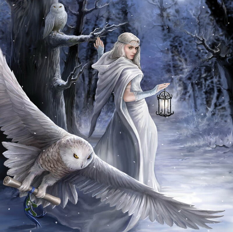 Woman with Owls in Forest