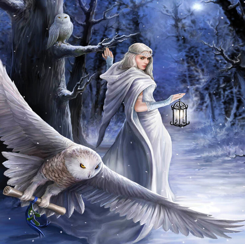 Woman with Owls in Forest — White