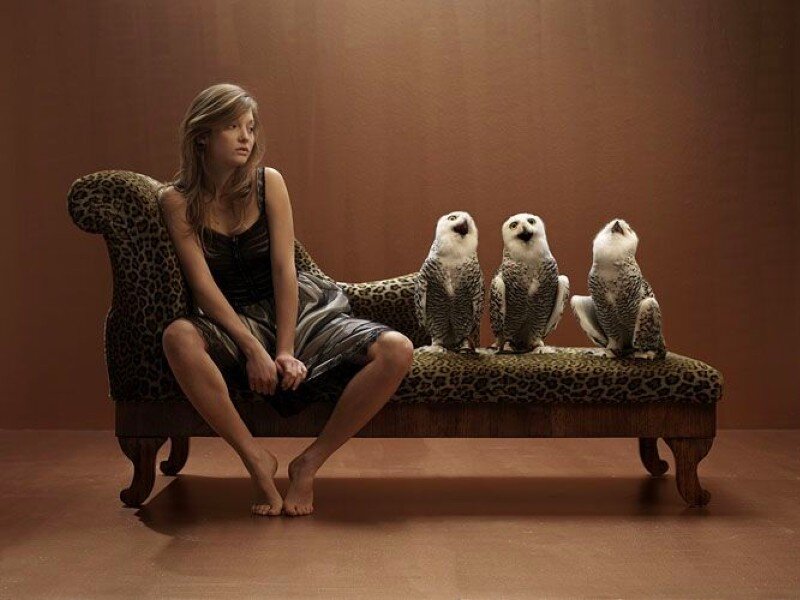Woman with owls on a couch