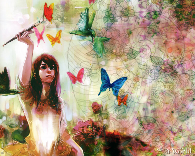 woman with paintbrush and butterflies
