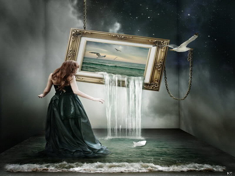 woman with painting waterfall