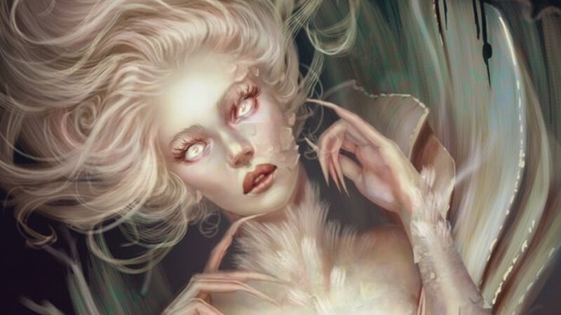 woman with pale hair and glowing eyes