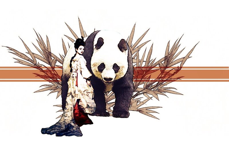 woman with panda and bamboo