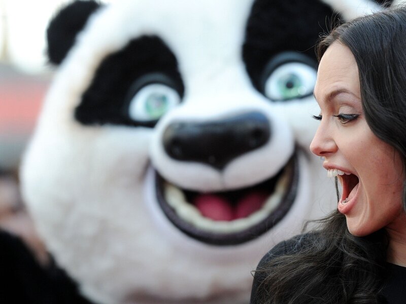 Woman with Panda Mascot — White