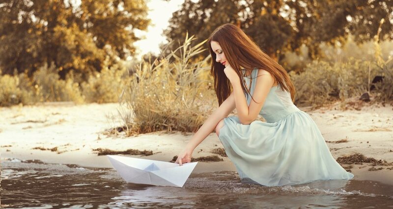 Woman with Paper Boat — Blue