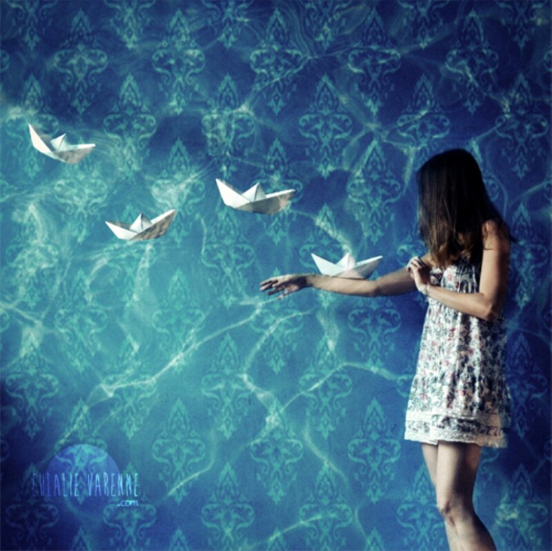 Woman with Paper Boats — Blue