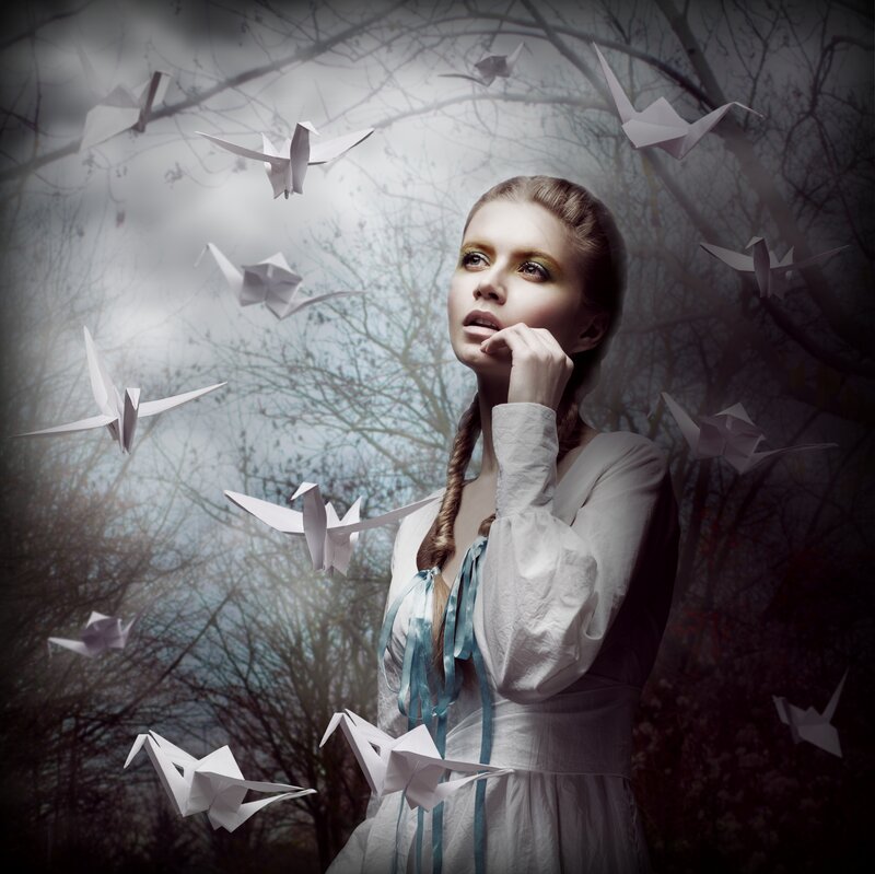 Woman with Paper Cranes — White, Dreamy