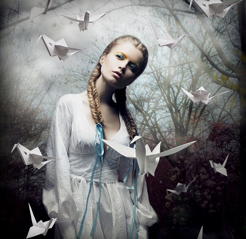 Woman with Paper Cranes — White