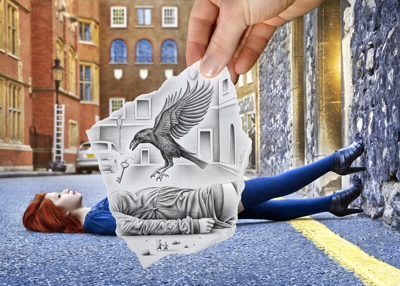 woman with paper cutout illusion