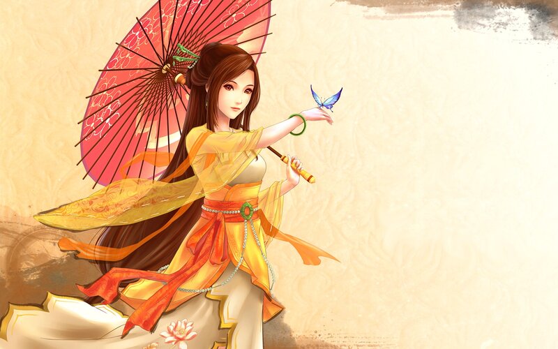woman with parasol and butterfly