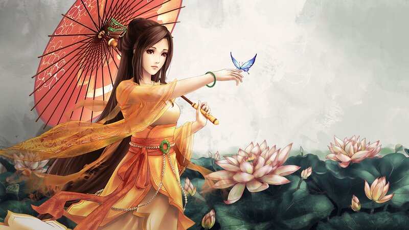 woman with parasol and butterfly