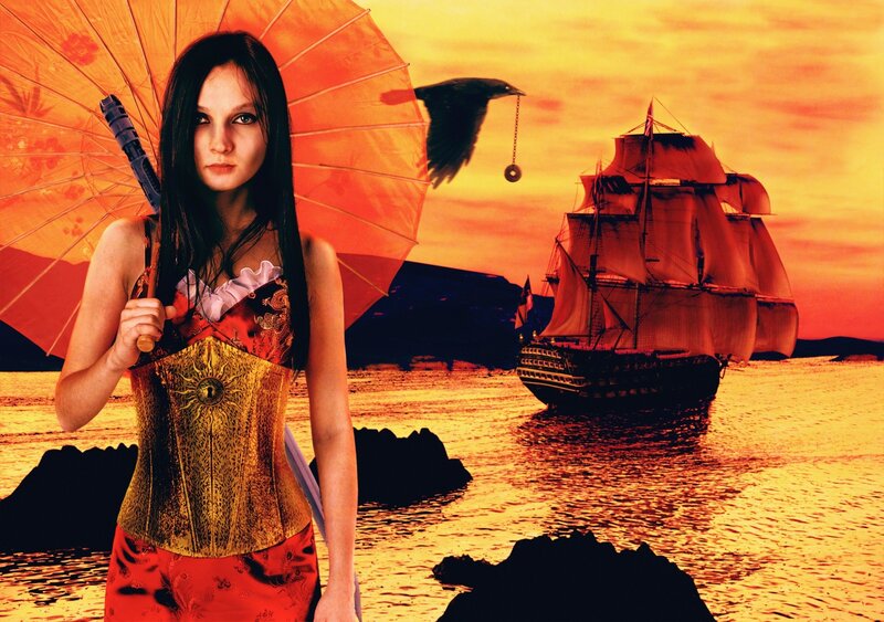 woman with parasol and ship