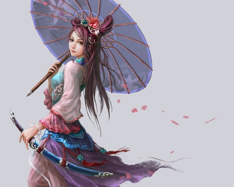 woman with parasol and sword