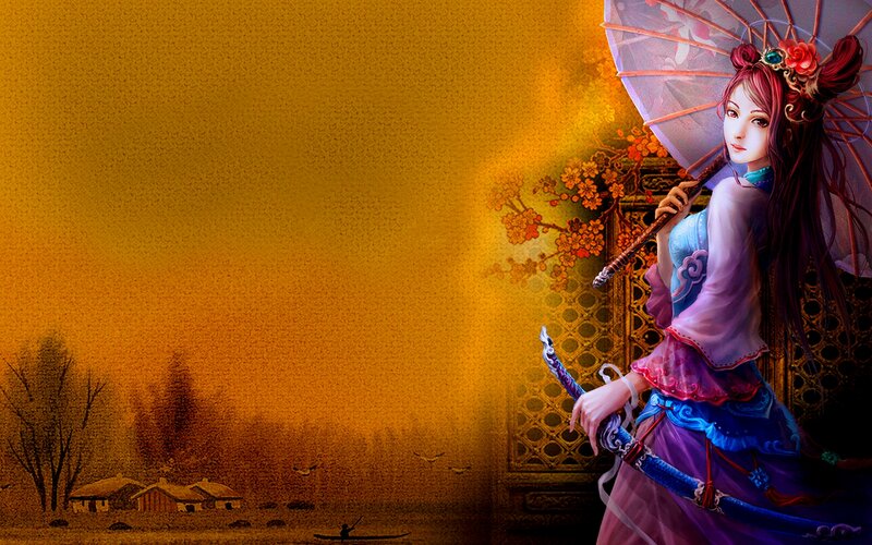 Woman with Parasol and Sword — Gold, Dramatic, Sunset