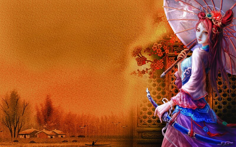 Woman with Parasol and Sword — Orange
