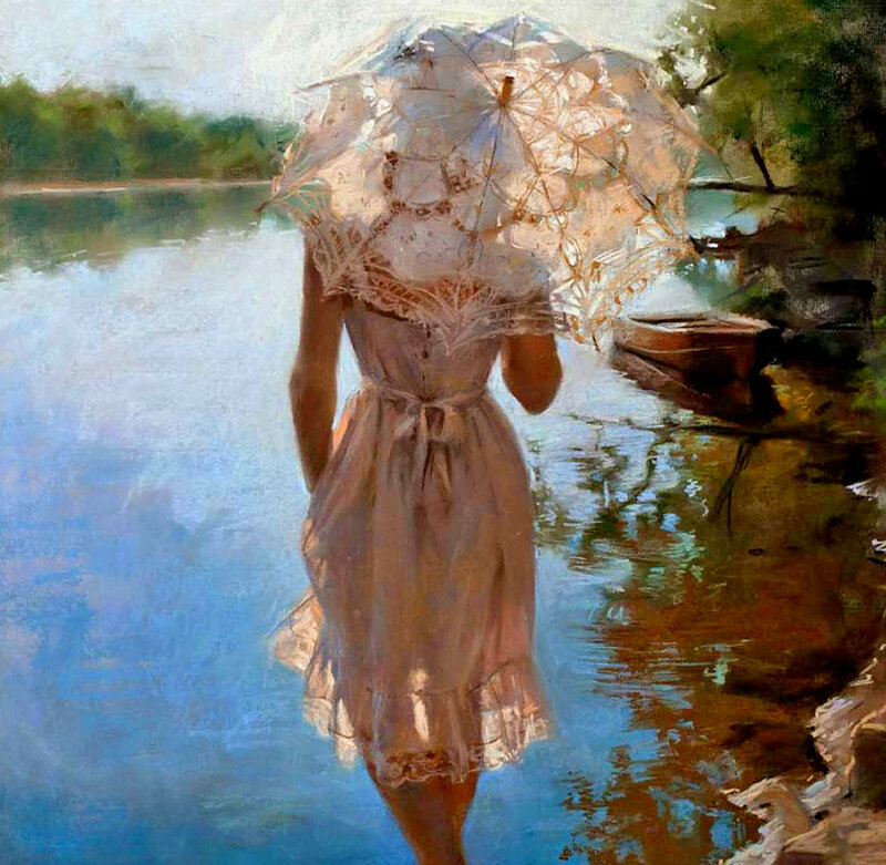 Woman with Parasol — Blue, Serene, Afternoon, Painting