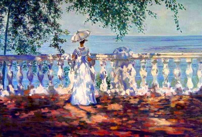 Woman with Parasol — Blue, Serene