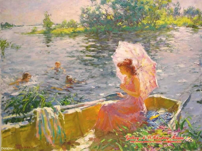 Woman with Parasol in Boat
