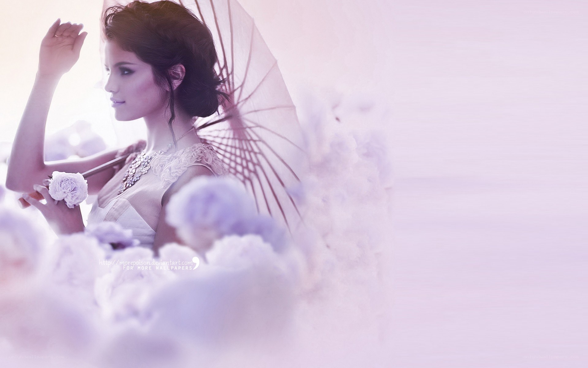 woman with parasol in clouds