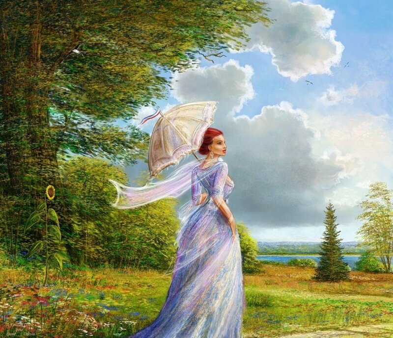 Woman with Parasol in Field — Blue