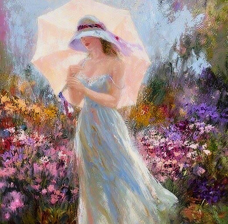Woman with Parasol in Garden — White