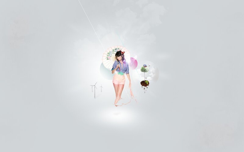 woman with parasol in surreal scene