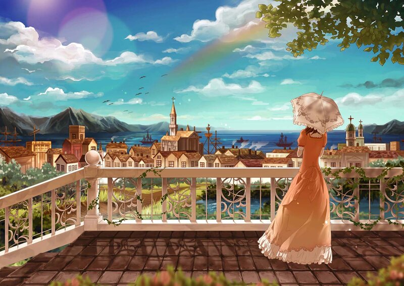 Woman with Parasol on Balcony