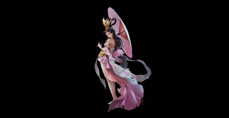 Woman with Parasol — Pink, Dramatic, Digital Art