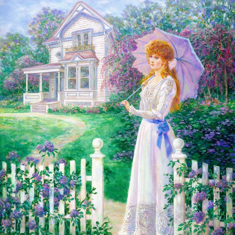 Woman with Parasol — White, Serene, Afternoon, Painting