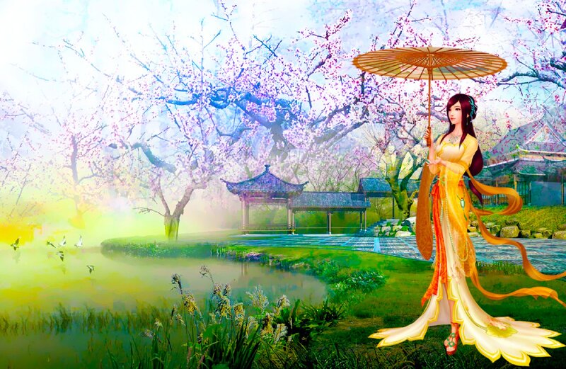 Woman with Parasol — Yellow, Serene, Spring