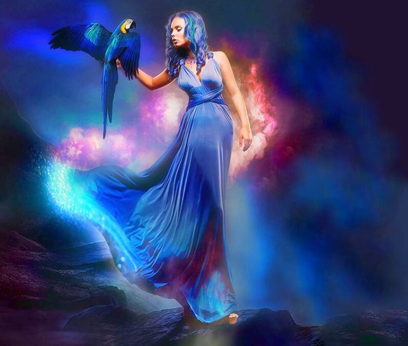 Woman with Parrot — Blue, Dramatic