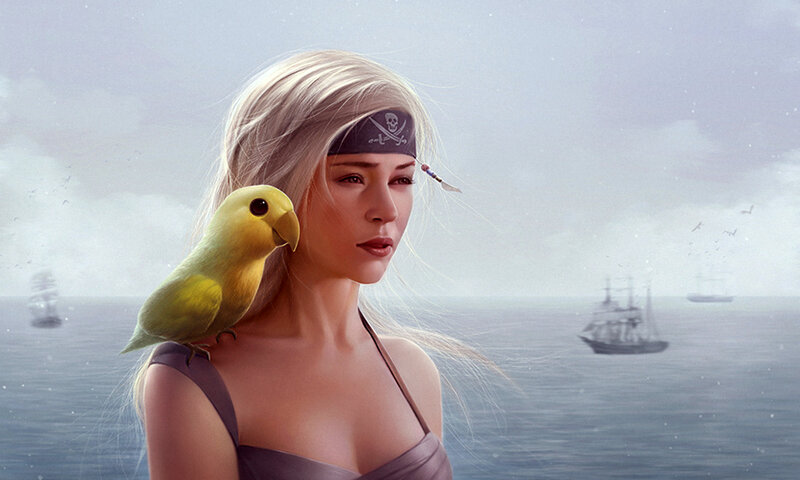 Woman with Parrot — Blue, Serene