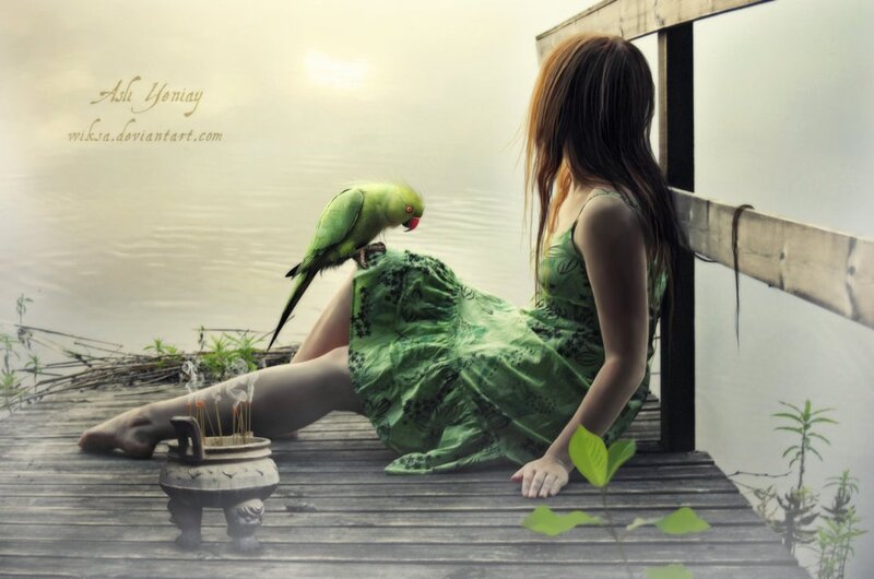 Woman with Parrot — Green, Serene