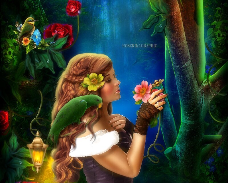 Woman with Parrot in Forest