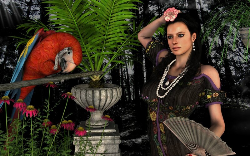woman with parrot in garden