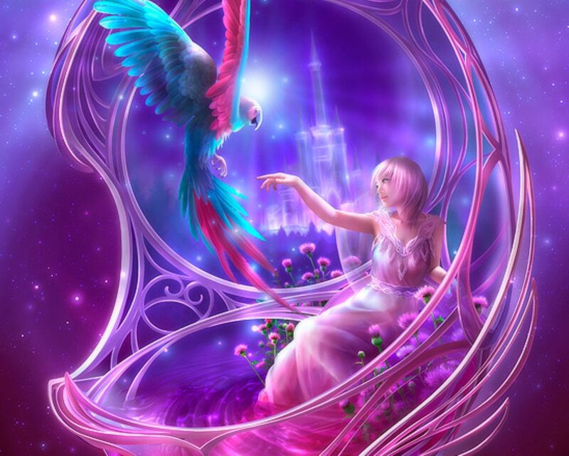 woman with parrot in magical realm