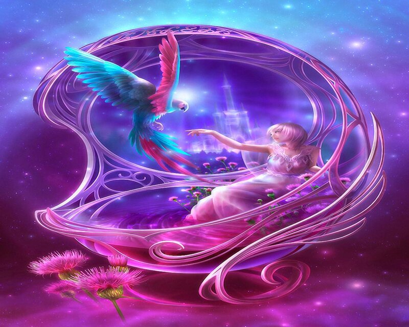 woman with parrot in magical sphere