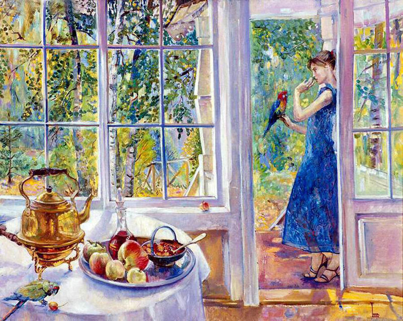 Woman with Parrot in Sunroom