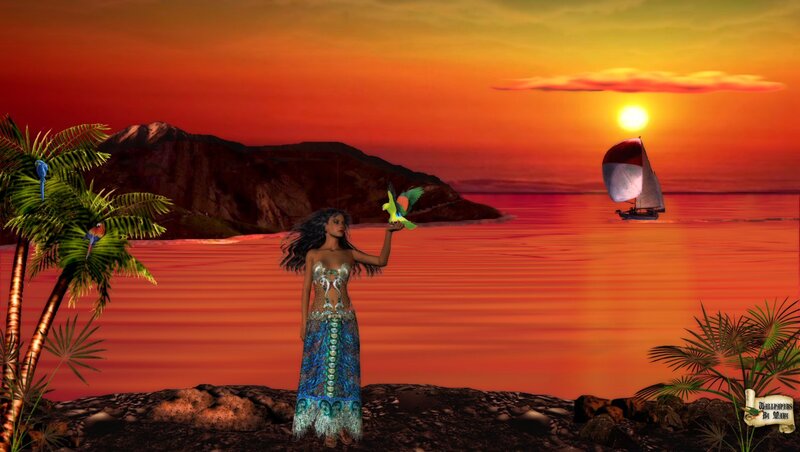 Woman with Parrot on Beach